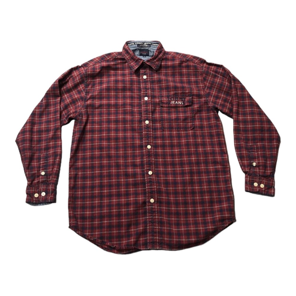 Vintage 90s Tommy Jeans Spell Out Plaid Button Up Long Sleeve Shirt Sz M Medium